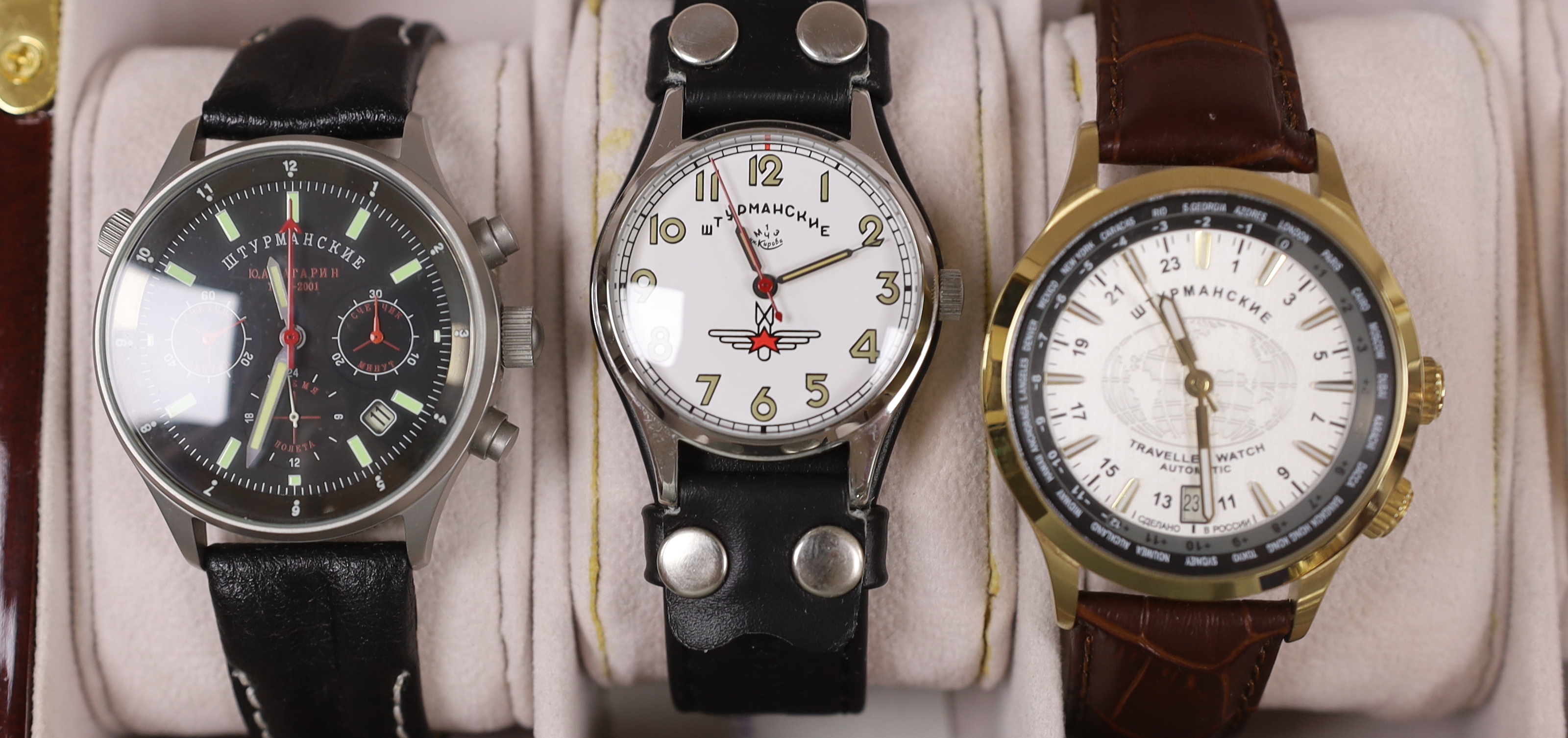 Six gentleman's modern assorted wrist watches including Poljot, BMW M4 Coupe, Reserver Automatic and Russian.